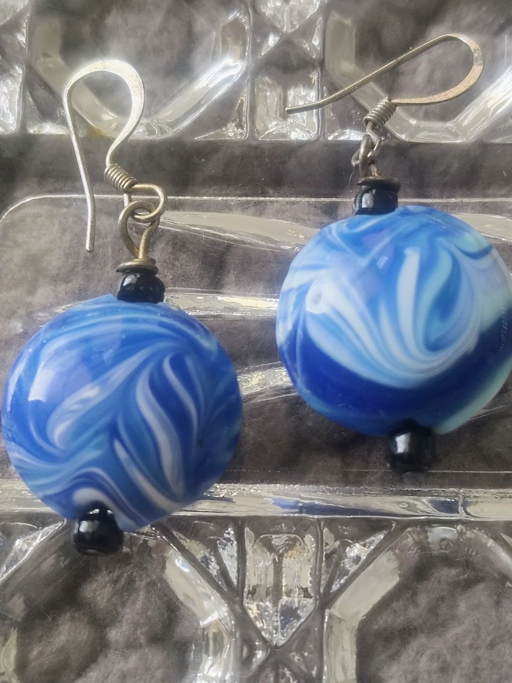 Handmade Swirl Blue Glass Drop Earrings